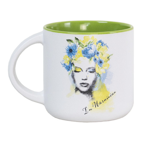 A white and green ceramic cup "O brown-eyed maidens fall in love. But not..", 300 ml