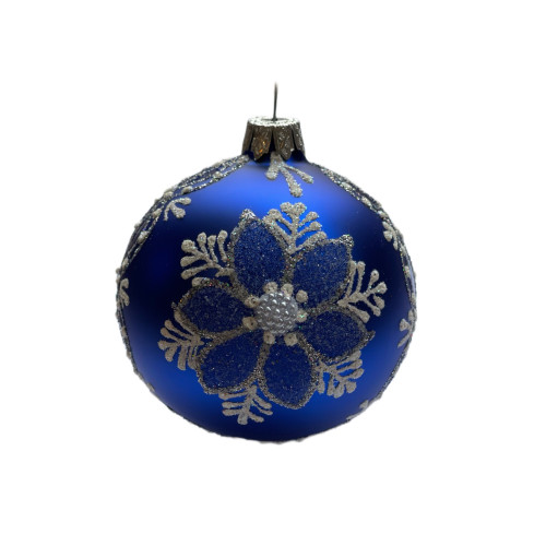 Куля скляна, синя, з білим зображенням сніжинки, оздоблена перлинами, ручна робота, 8 см