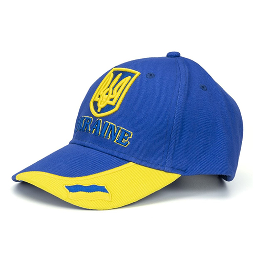 Blue baseball cap with the coat of arms of Ukraine