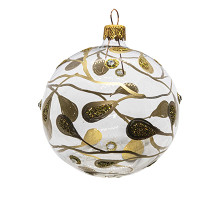 A transparent handmade glass Christmas tree ball with a golden ornament