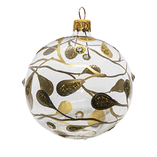 A transparent handmade glass Christmas tree ball with a golden ornament