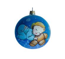 A transparent handmade glass Christmas tree ball with a depiction of a sleeping baby, 4 inches