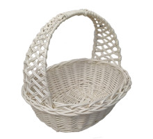 A white basket made of wicker, with an interwoven handle, d=31 cm, h=34 cm + handle