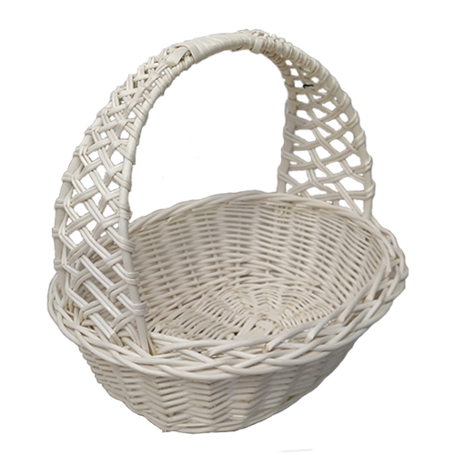 A white basket made of wicker, with an interwoven handle, d=31 cm, h=34 cm + handle