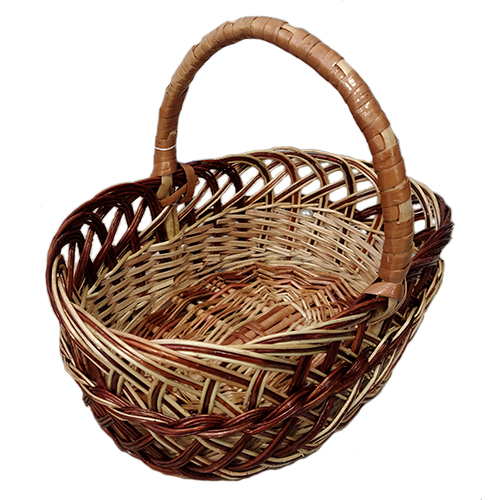 An oval light-brown basket made of wicker, on a stand, L=36 cm, h=29 cm + handle