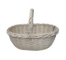An oval white basket made of wicker, with a round handle, L=33 cm, h=27 cm + handle