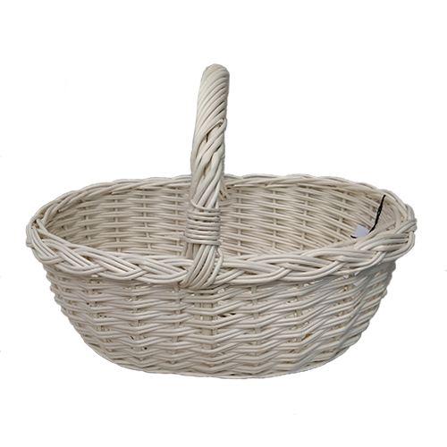 An oval white basket made of wicker, with a round handle, L=27 cm, h=21 cm + handle