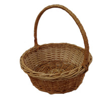 A round brown basket made of wicker, with a round handle, d=35 cm, h=34 cm + handle