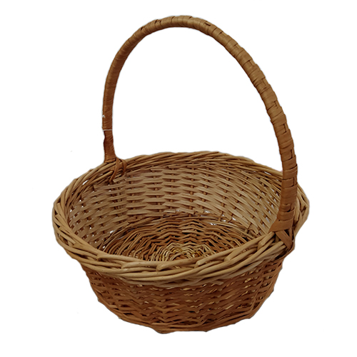 A round brown basket made of wicker, with a round handle, d=40 cm, h=37 cm + handle