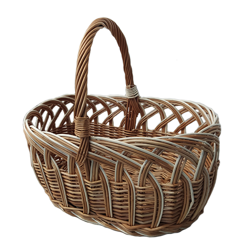 An oval brown basket made of wicker, with a round handle, L=36 cm, h=32 cm + handle