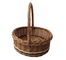 A round brown basket made of wicker, with a high round handle, d=26 cm, h=29 cm + handle