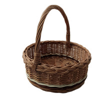 A round brown basket made of wicker, with a high round handle, d=23 cm, h=24 cm + handle