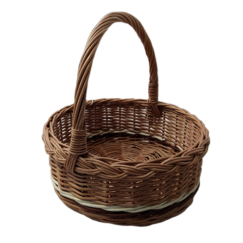 A round brown basket made of wicker, with a high round handle, d=23 cm, h=24 cm + handle