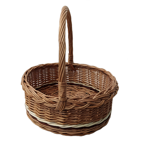 A round brown basket made of wicker, with a high round handle, d=20 cm, h=21 cm + handle