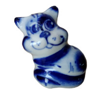 A ceramic handmade figure "Tailed Cat" with a blue painting, h=3.5 cm