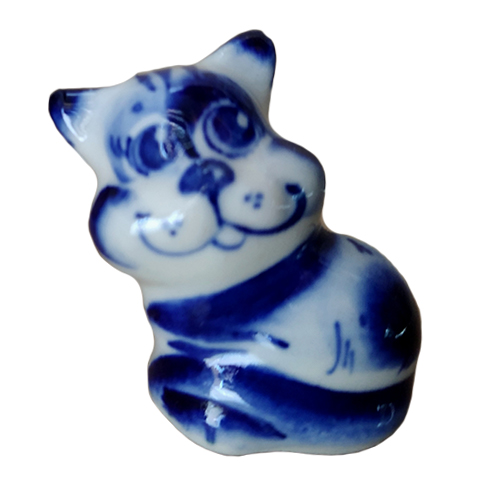 A ceramic handmade figure "Tailed Cat" with a blue painting, h=3.5 cm