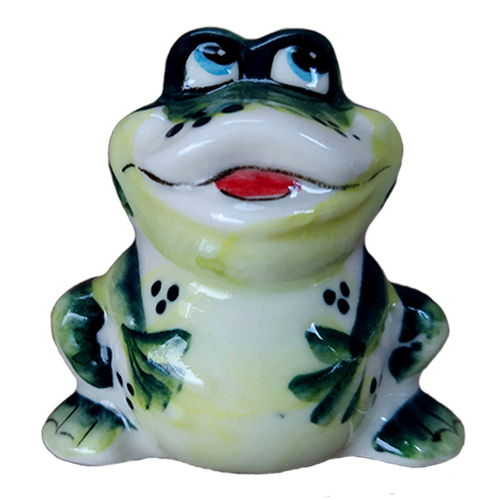 A ceramic handmade figure "A smiling frog" with a green painting, h=4.8 cm