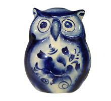 A ceramic handmade figure "An owl" with a blue painting, h=5.5 cm