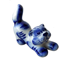 A ceramic handmade figure "Tailed Cat" with a blue painting, h=6.8 cm