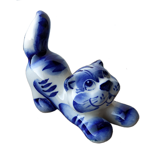 A ceramic handmade figure "Tailed Cat" with a blue painting, h=6.8 cm