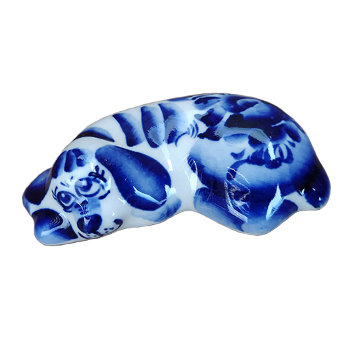 A ceramic handmade figure "A sleepy dog" with a blue painting, h=2.0 cm