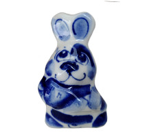 A ceramic handmade figure "A hare with a carrot" with a blue painting, h=3.9 cm