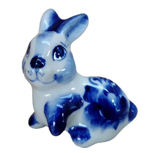 A ceramic handmade figure "Hopping Hare" with a blue painting, h=3.5 cm