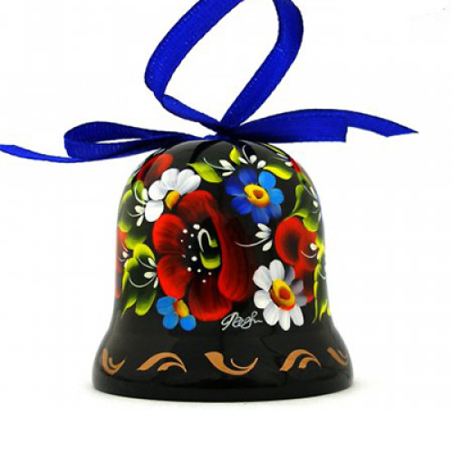A black wooden bell with a bright flower ornament, hand-painted in Petrykivskyi painting technique, 2,2 inches