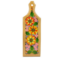 A wooden cutting board with bright flowers, hand-painted in Petrykivskyi painting technique, 13,8х4,7 inches