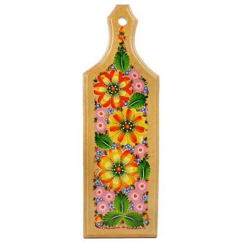 Дошка дерев'яна для нарізання, з яскравими квітами, розписана в техніці "Петриківський розпис" 35х12 см
