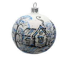 A white handmade glass Christmas tree ball with an artistic painting "A winter village", 3.25 inches