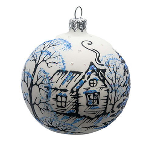 Куля скляна , біла, з художнім розписом ручної роботи  "Зимове село", ручної роботи, 8 см