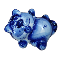 A ceramic handmade figure "Reclining Kitty" with a blue painting, h=3.9 cm