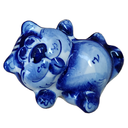 A ceramic handmade figure "Reclining Kitty" with a blue painting, h=3.9 cm