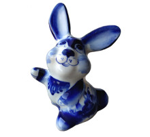 A ceramic handmade figure "A hare that says "Hello"" with a blue painting, h=6.8 cm