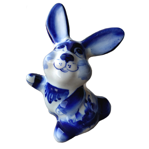 A ceramic handmade figure "A hare that says "Hello"" with a blue painting, h=6.8 cm