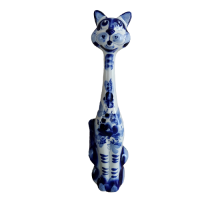 A ceramic handmade figure "A cat" with a blue painting, h=5.8 cm