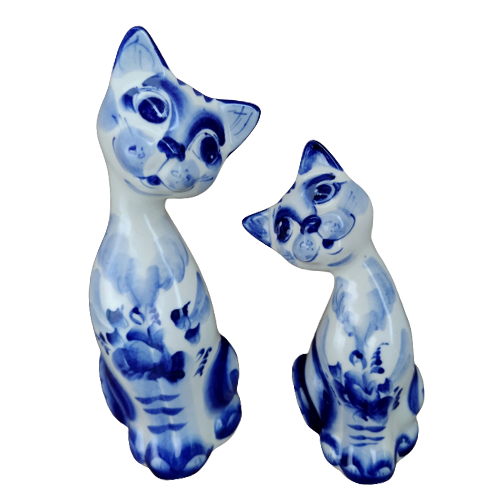 A set of ceramic handmade figures "A pair of cats" with a blue painting, h=17.1 cm