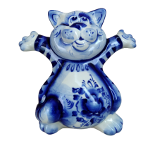 A ceramic handmade figure "Мг. Good Cat" with a blue painting, h=11.5 cm