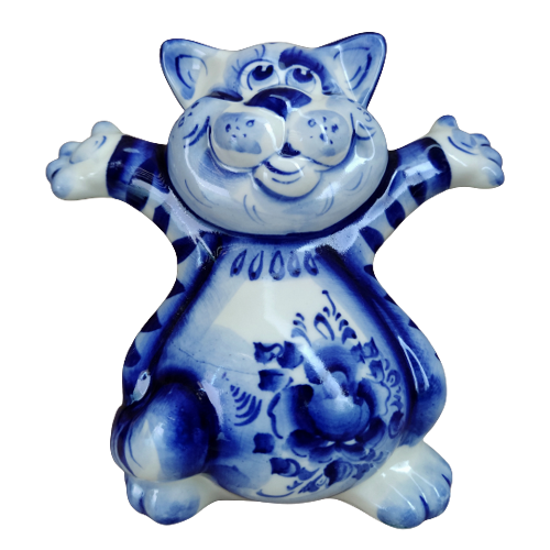 A ceramic handmade figure "Мг. Good Cat" with a blue painting, h=11.5 cm