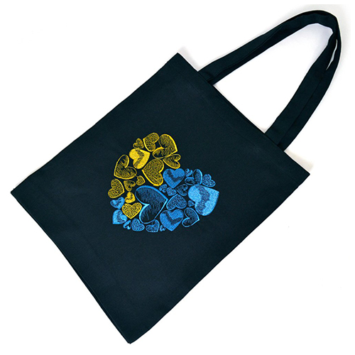 A black tote bag, with a double bottom, "Ornament of hearts", h=39 см + 28 см ручка