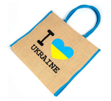 A tote bag "I love Ukraine" made of jute with blue trimming, h= 35.5