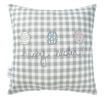A chequered grey decorative pillow with embroidered phrase "Happy Easter", 43x43 cm