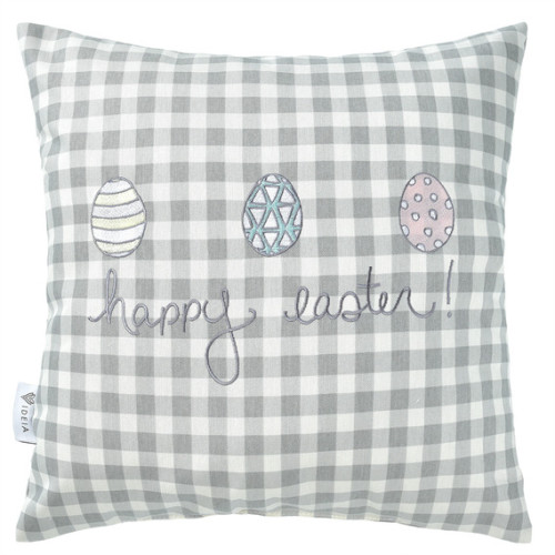A chequered grey decorative pillow with embroidered phrase "Happy Easter", 43x43 cm