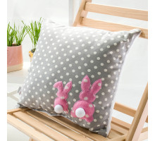 A grey decorative pillow with polka dots and embroidered hare, 43x43 cm