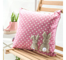 A pink decorative pillow with polka dots and embroidered hare, 43x43 cm
