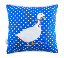 A blue decorative pillow with polka dots and embroidered goose, 43x43 cm