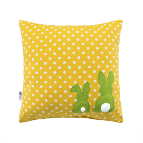 A yellow decorative pillow with polka dots and embroidered hare, 43x43 cm