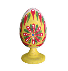 A wooden handmade pysanka, on a stand, painted in Yavoriv painting style, h=7.8 cm