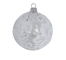 A transparent handmade glass Christmas tree ball with an ornament from pink flowers, 3,25 inches